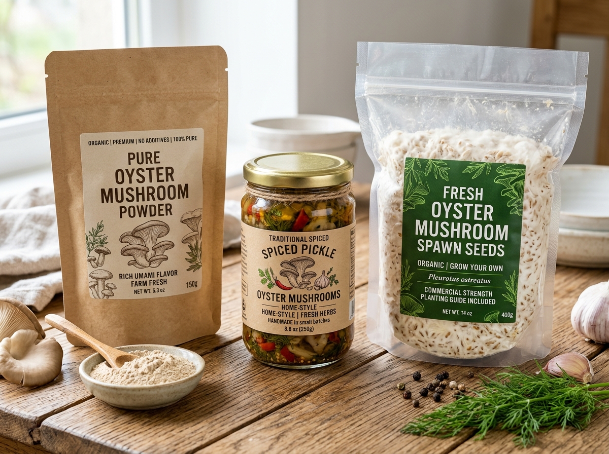 Delight Seeds value-added oyster mushroom foods, powder, pickle and spawn